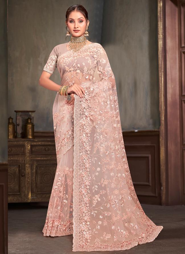 Net Peach Wedding Wear Sequins Work Saree